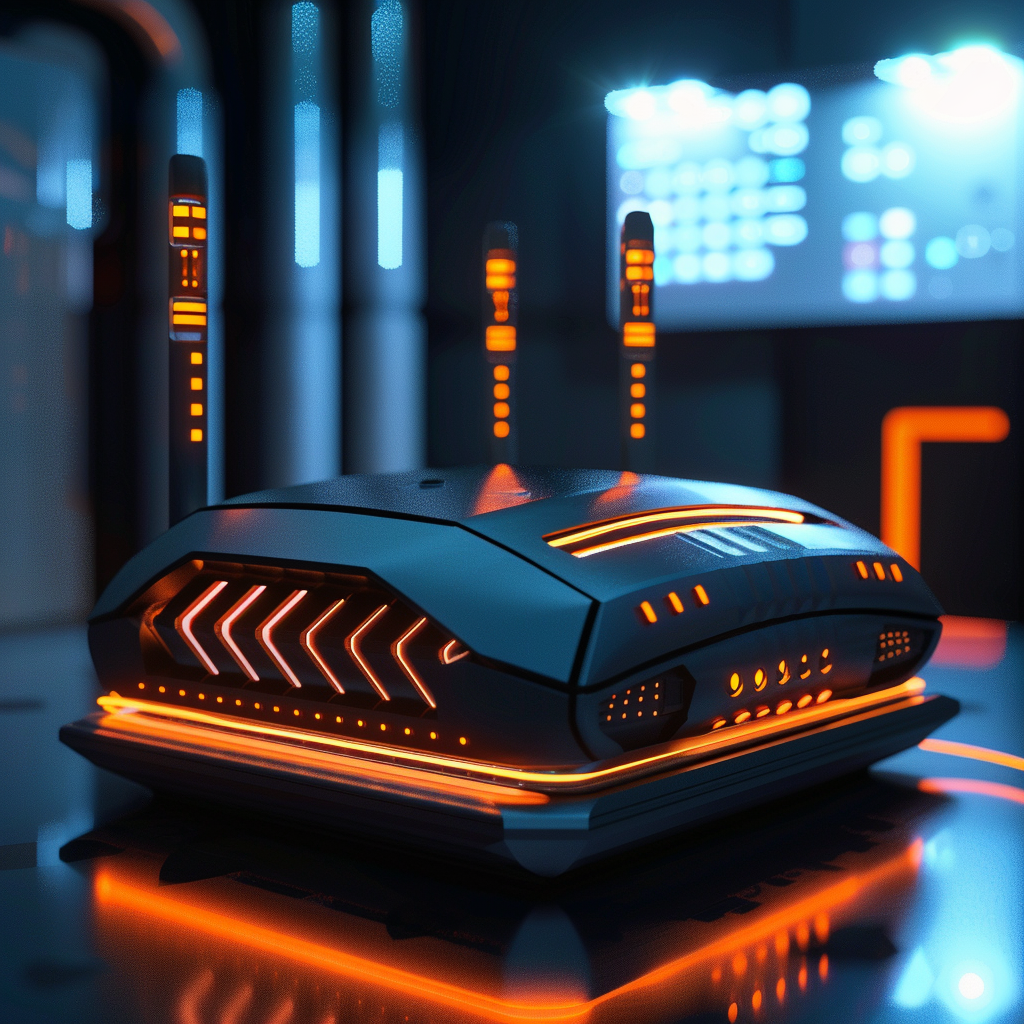 A futuristic wireless router in a dark room, ideal for a large house.